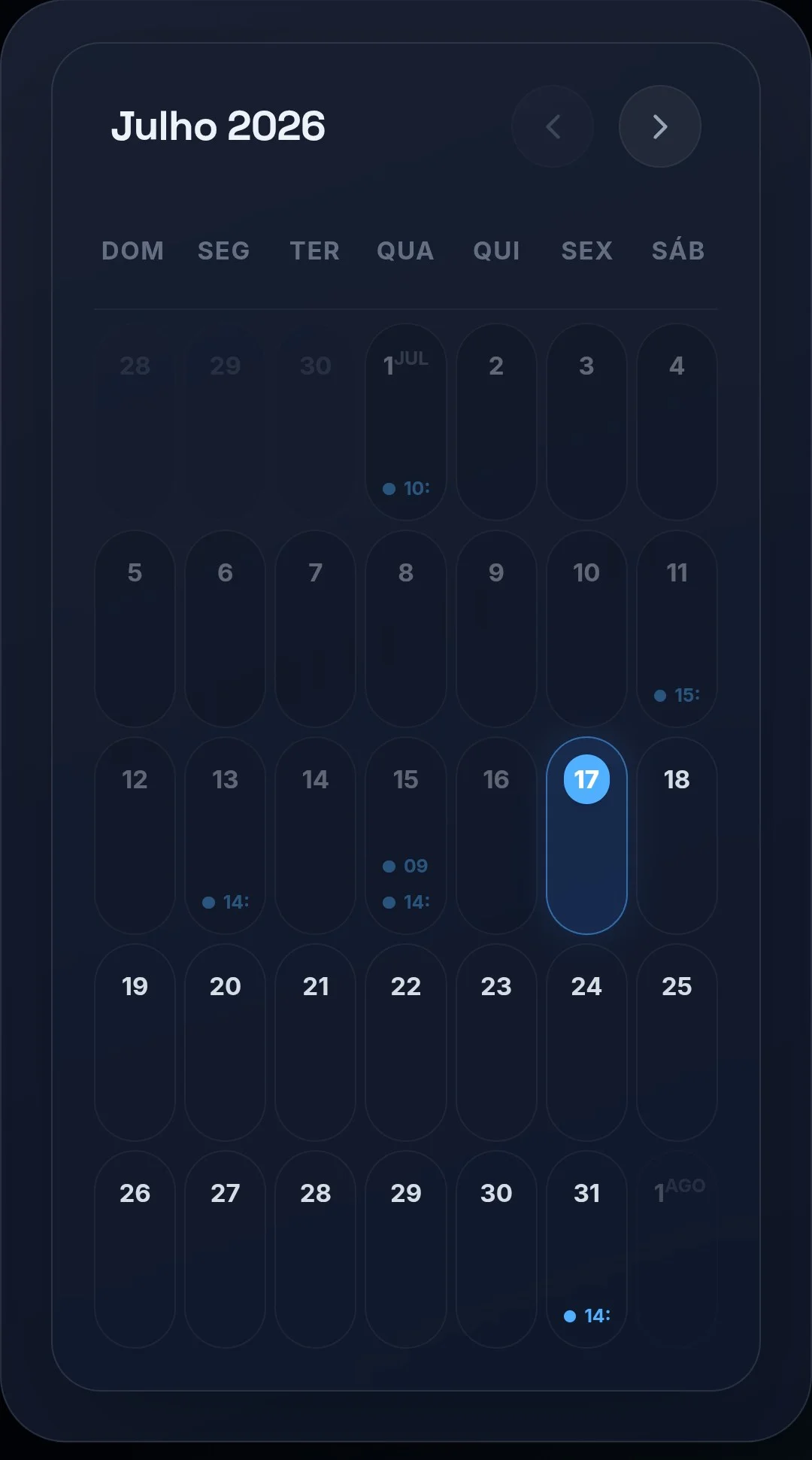 Calendário com agenda do dia e seleção de horário